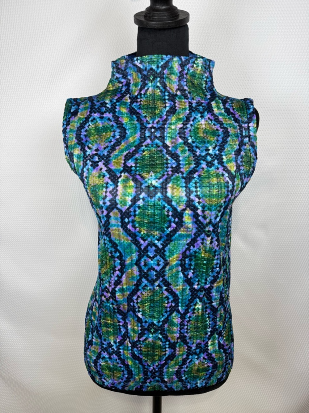 IRE USA Textured Sleeveless Mock Neck Top Blue Green Purple Abstract OSFA VTG
